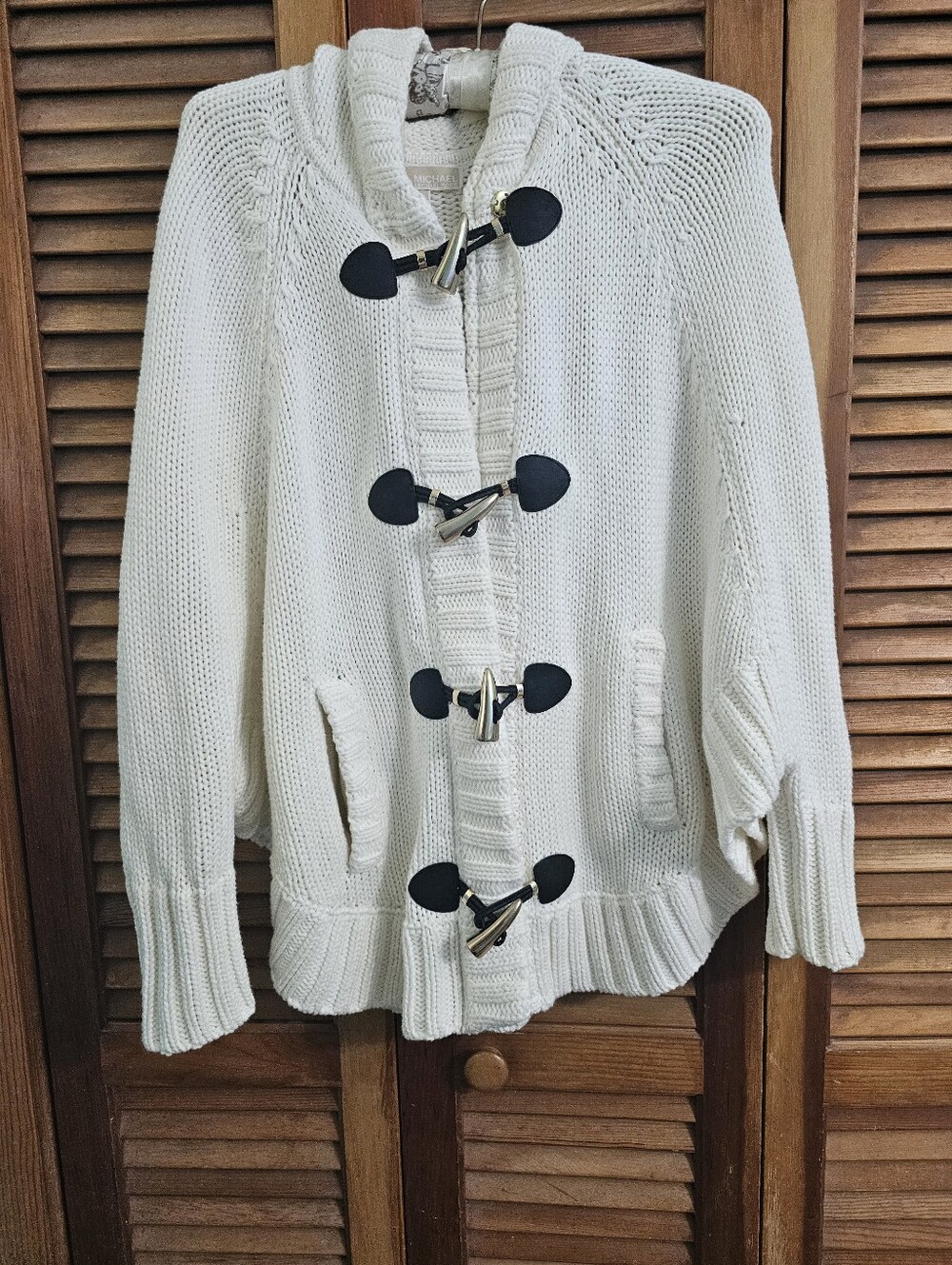 Michael Kors XS Ivory Knit Hooded Toggle Zip Cape Cardigan Sweater